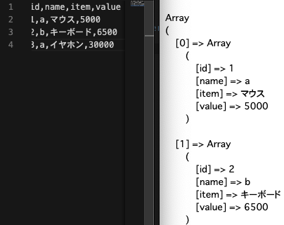 PHP CSVを読み込み先頭行の項目で連想配列